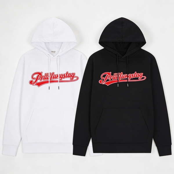 Fahrschul-Hoodie „Prüüfungstag“ in Weiß und Schwarz, Vorderansicht mit rot-weißem Schriftzug auf der Brust