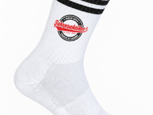 fahrpraktiker Tennissocken Weiß Schwarz Weiße fahrpraktiker Tennissocke mit schwarzen Doppelstreifen und rot-schwarzem Logo