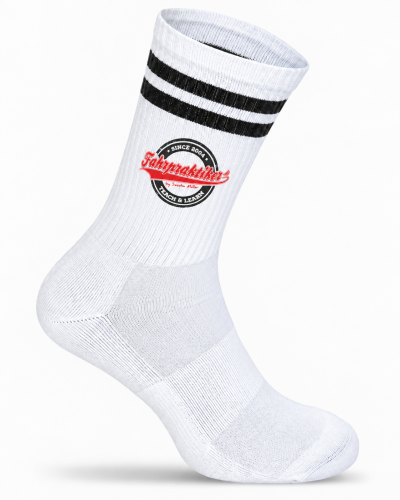 Weiße fahrpraktiker Tennissocke mit schwarzen Doppelstreifen und rot-schwarzem Logo